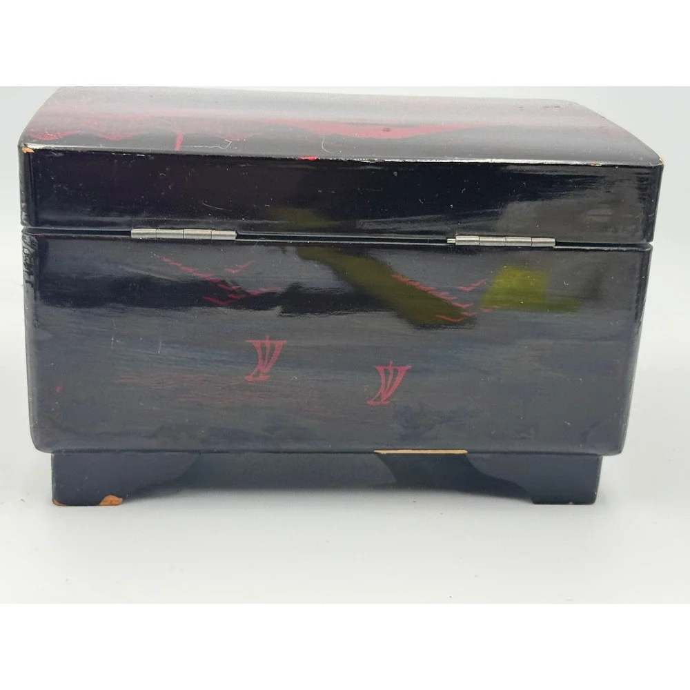 Vintage Japanese Black Red Lacquer Jewelry & Music Box Mount Fuji Pagoda Footed